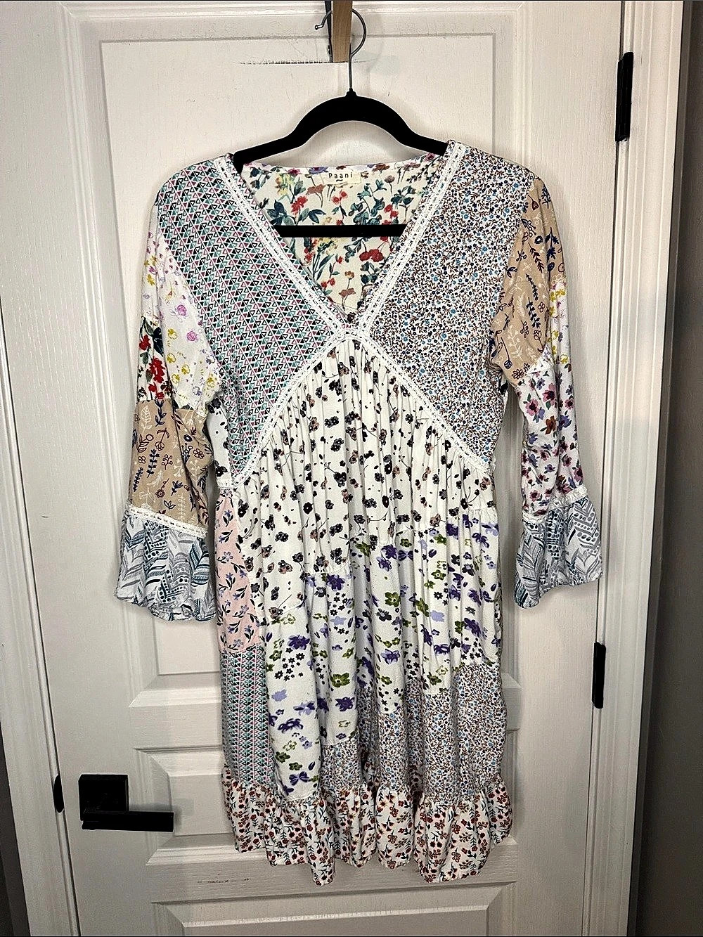 Paani Floral Patchwork Boho Shift Dress Floral Midi White & Multicolor Small
